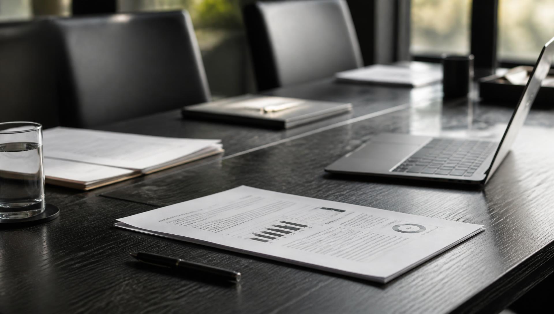 Detalhe de mesa de reunião executiva com documentos e laptop sob luz natural